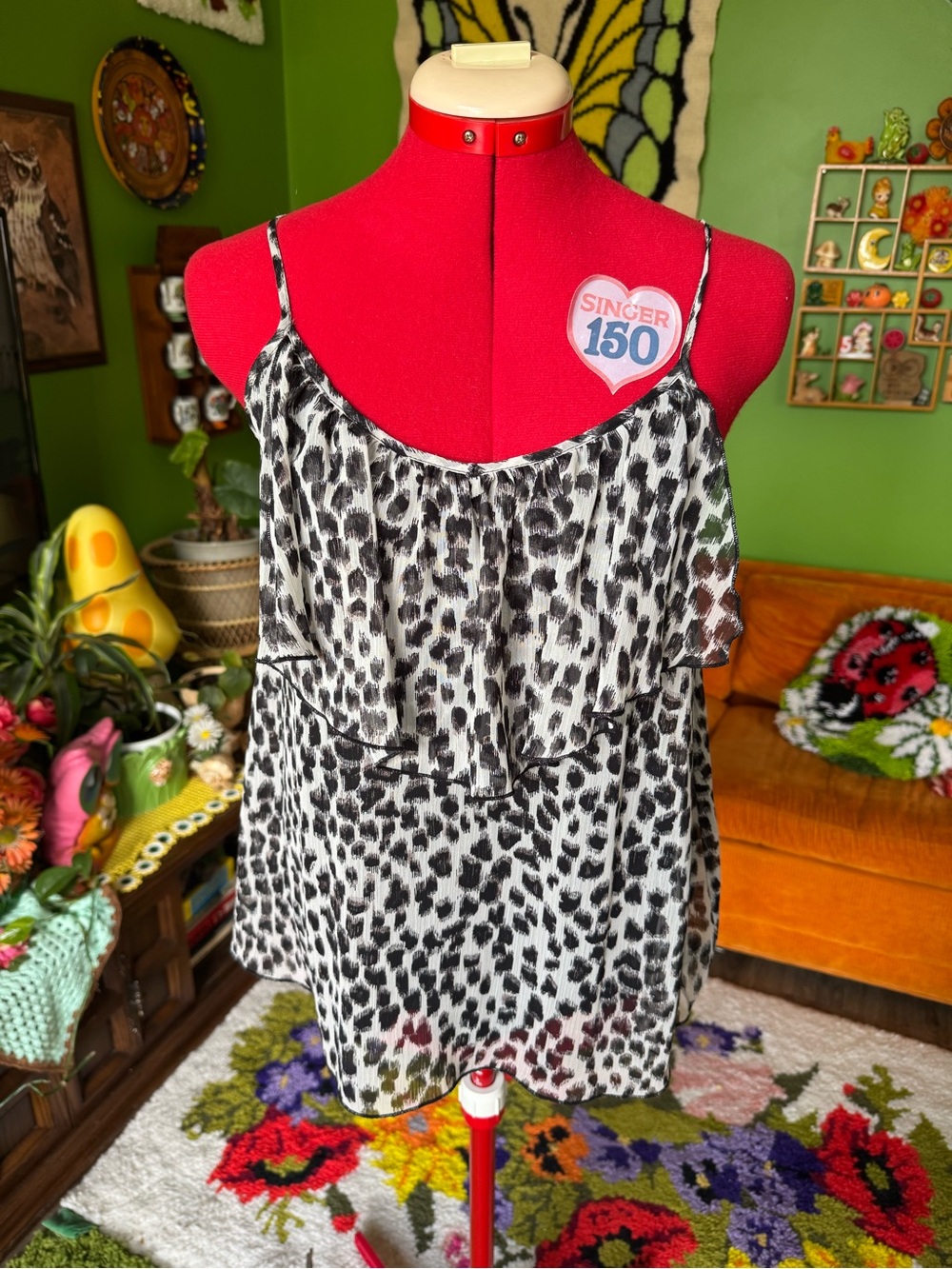 Women’s Black and White Leopard Print Ruffle Cami Top